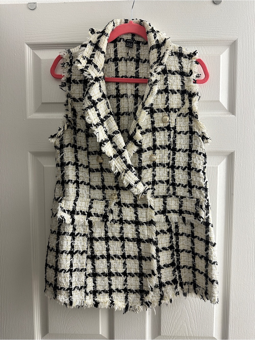 SHEIN Black & Cream Tweed Sleeveless Vest with Fringe